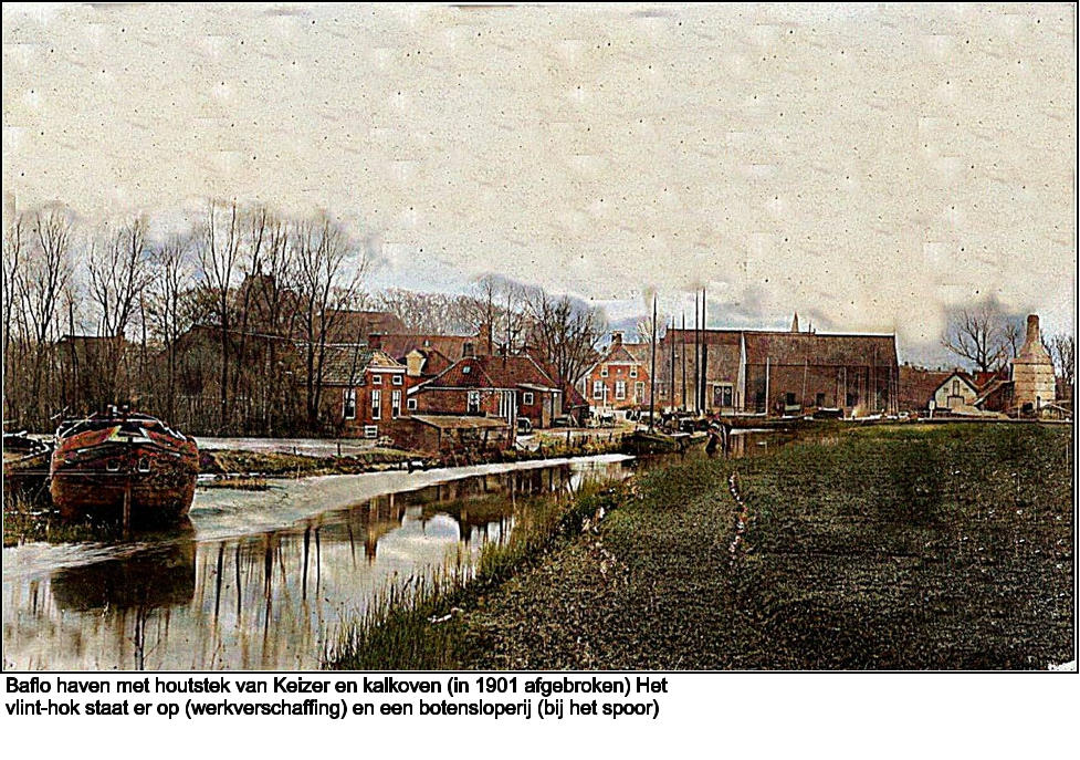 Baflo haven met houtstek van Keizer en kalkoven (in 1901 afgebroken) Het vlint-hok staat er op (werkverschaffing) en een botensloperij (bij het spoor)