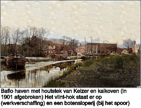 Baflo haven met houtstek van Keizer en kalkoven (in 1901 afgebroken) Het vlint-hok staat er op (werkverschaffing) en een botensloperij (bij het spoor)